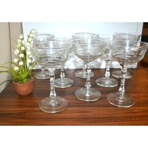 Vintage Libbey Rock Sharp Champagne Coupe Sherbet Glasses Block Stem 1940s